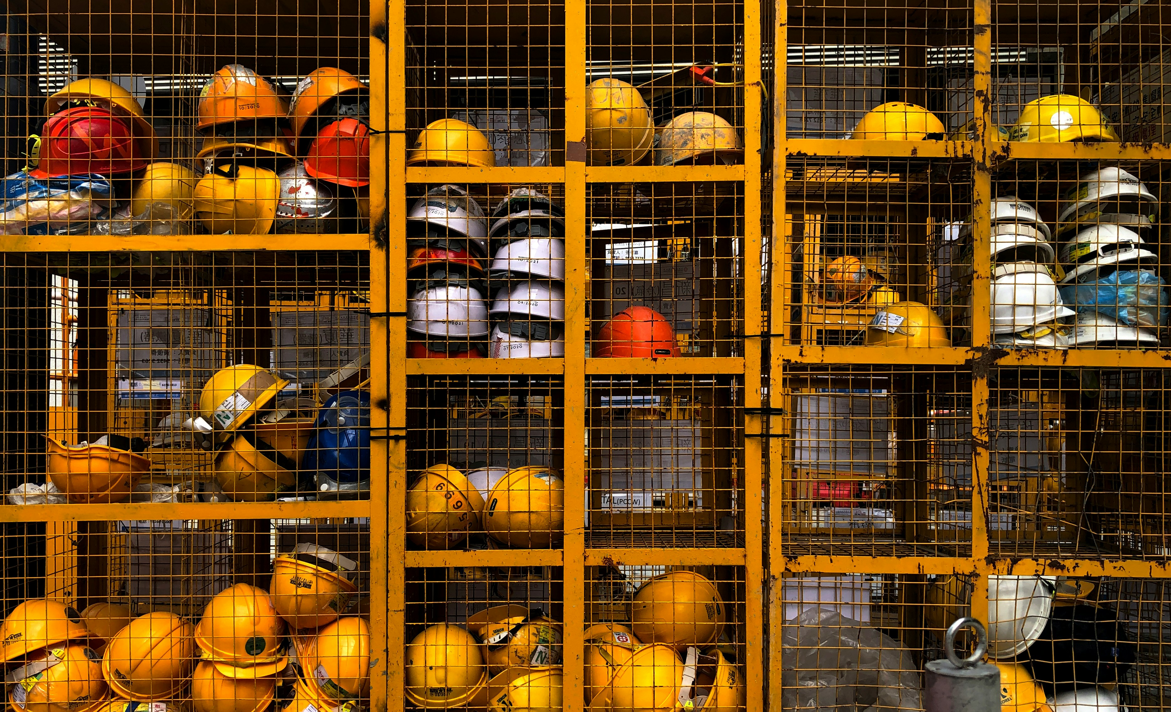 Hard hats in a locker